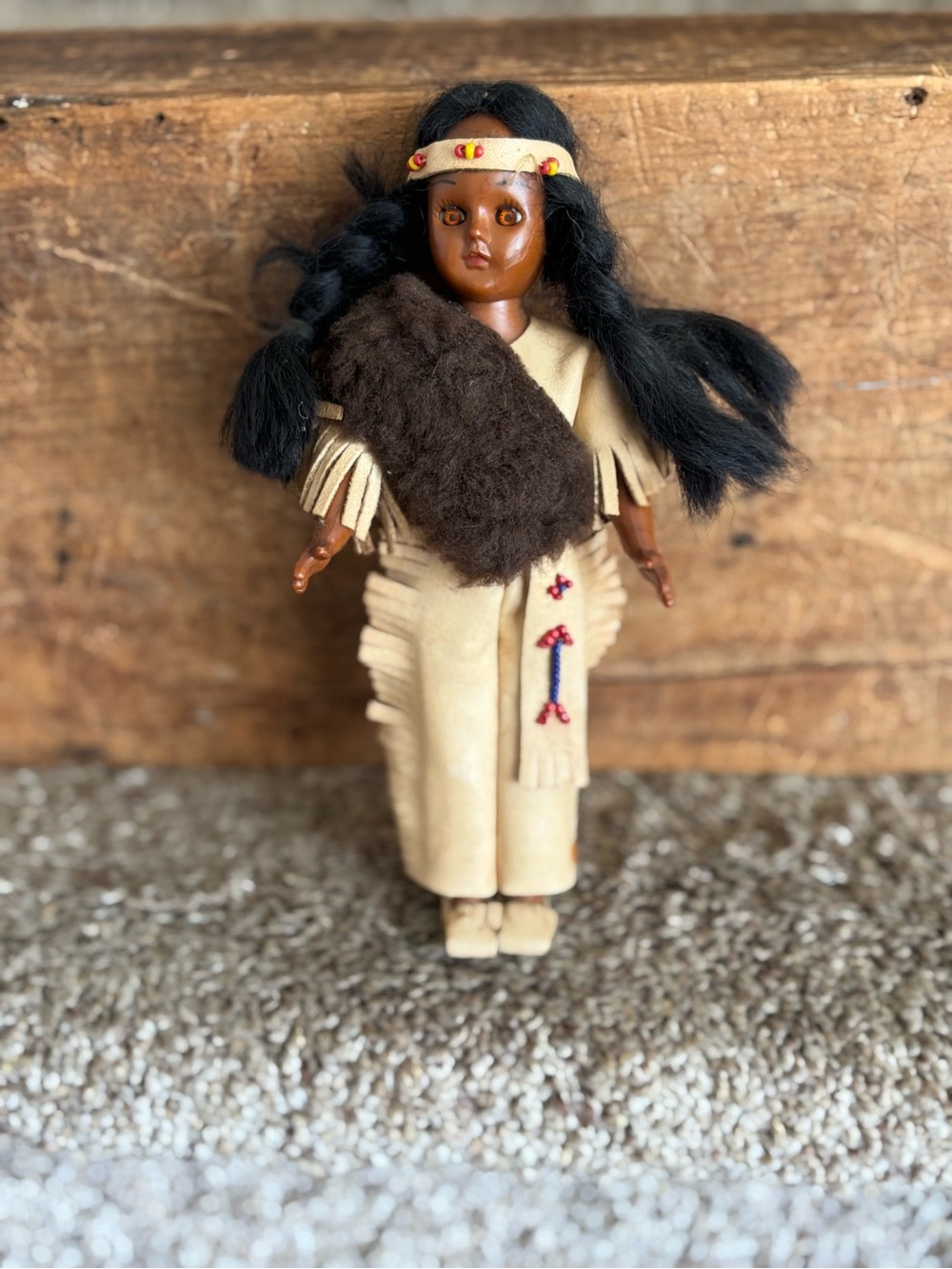 Handmade Native-Inspired Beige Doll with Brown Fur Shawl
